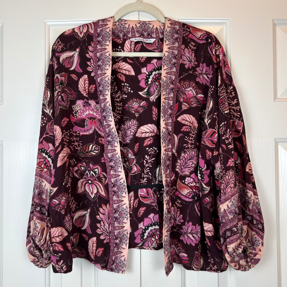 Michael Stars Purple Floral Paisley Kimono Balloon Sleeve Open Front Top